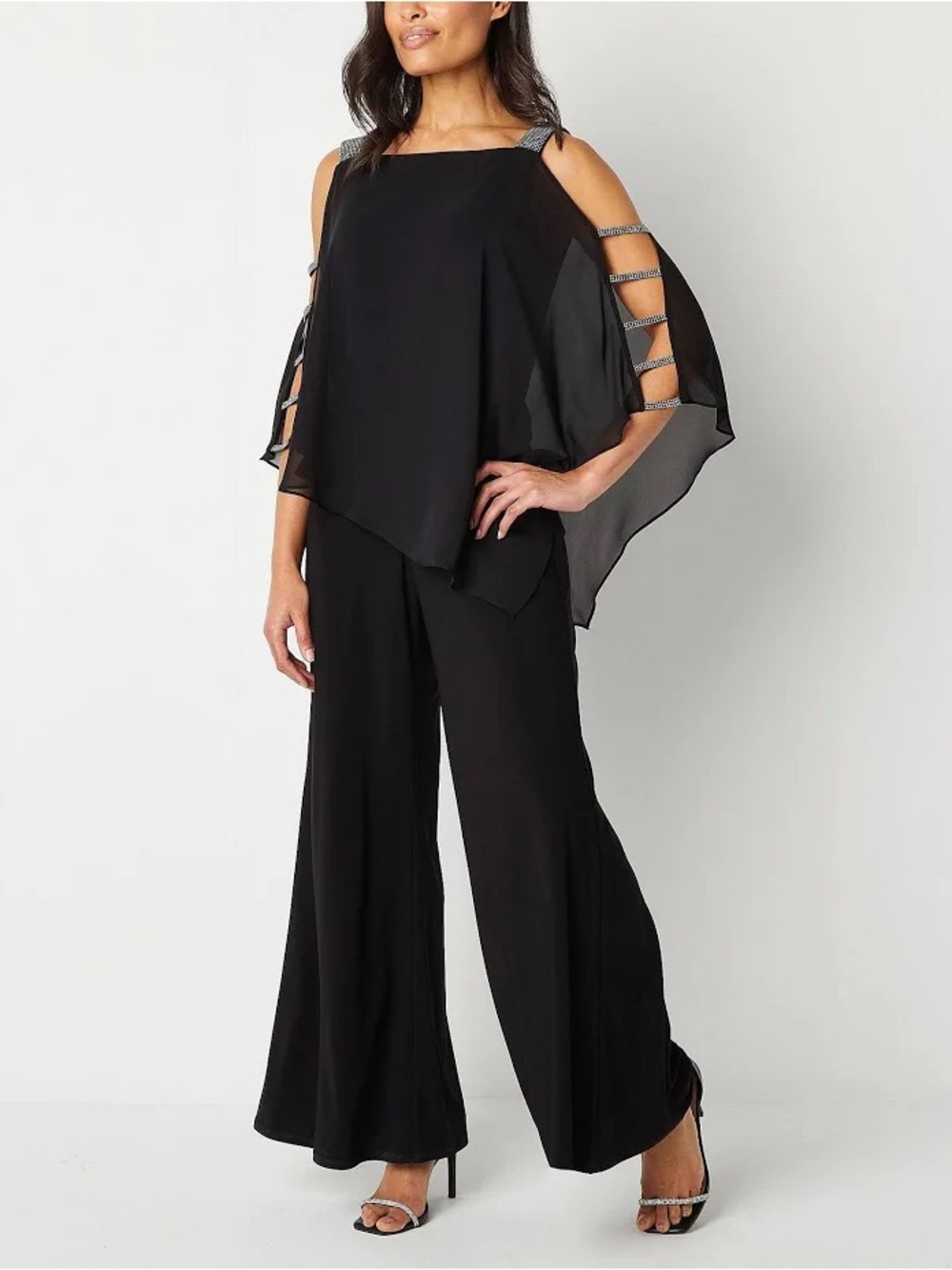 MSK Black Cold-Shoulder Wide-Leg Jumpsuit with Strappy Detail